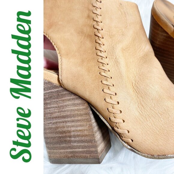 STEVE MADDEN MINGLE TAN LEATHER OPEN TOE OPEN HEEL BLOCK HEEL BOOTIE, SIZE 8 - Picture 12 of 13